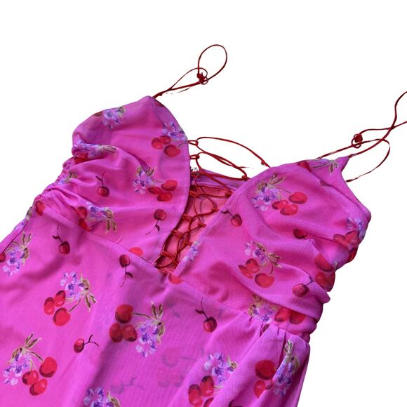 Urban Outfitters Cherry Bright Mesh Mini Dress UO Size Small Stretchy Bodycon - Picture 5 of 8